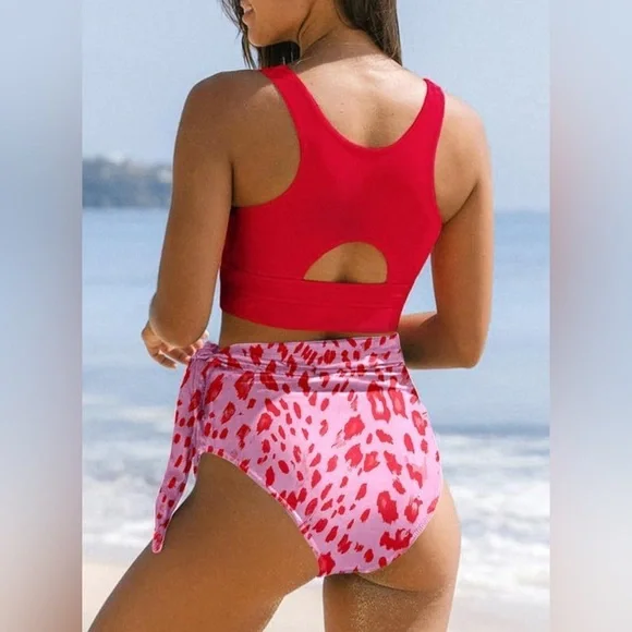 Fenomo Scoop Neck Racerback High Waisted Bikini Floral Print Red/Pink Sz M NWOT - Picture 2 of 5